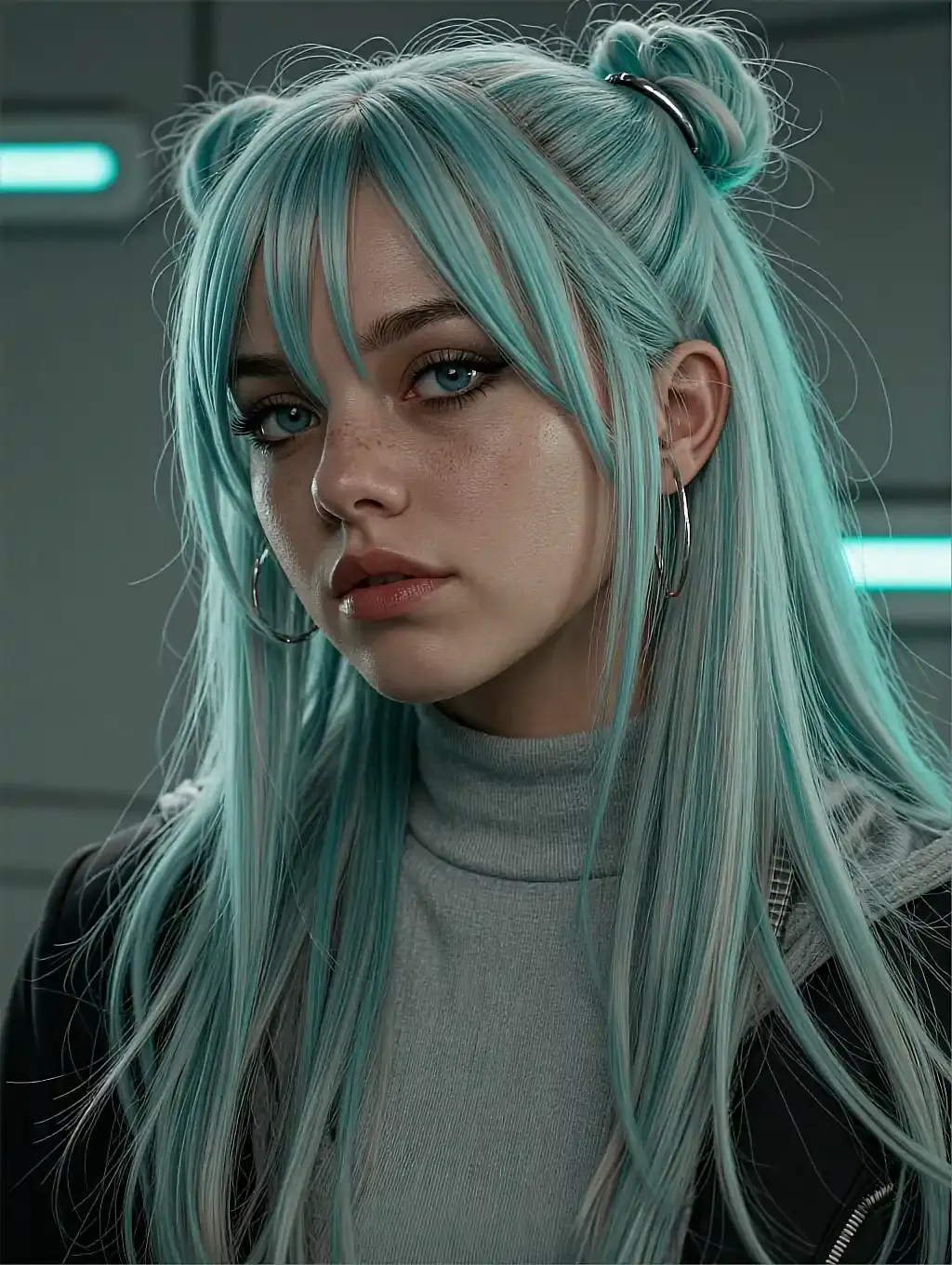 Fictional AI character leaning on a balcony rail after dark